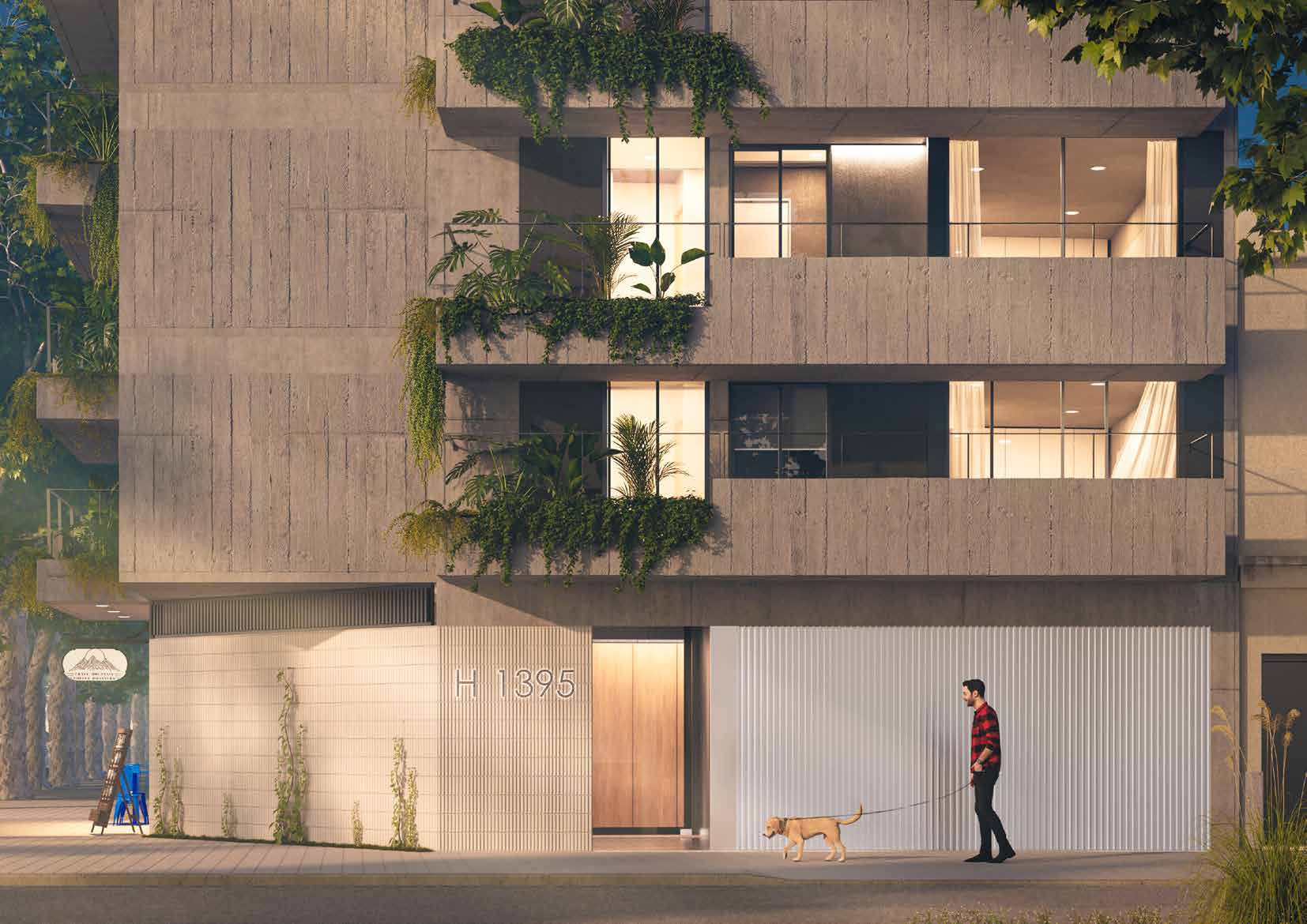 Fachada del edificio ZYH al atardecer, esquina Zarraga y Heredia