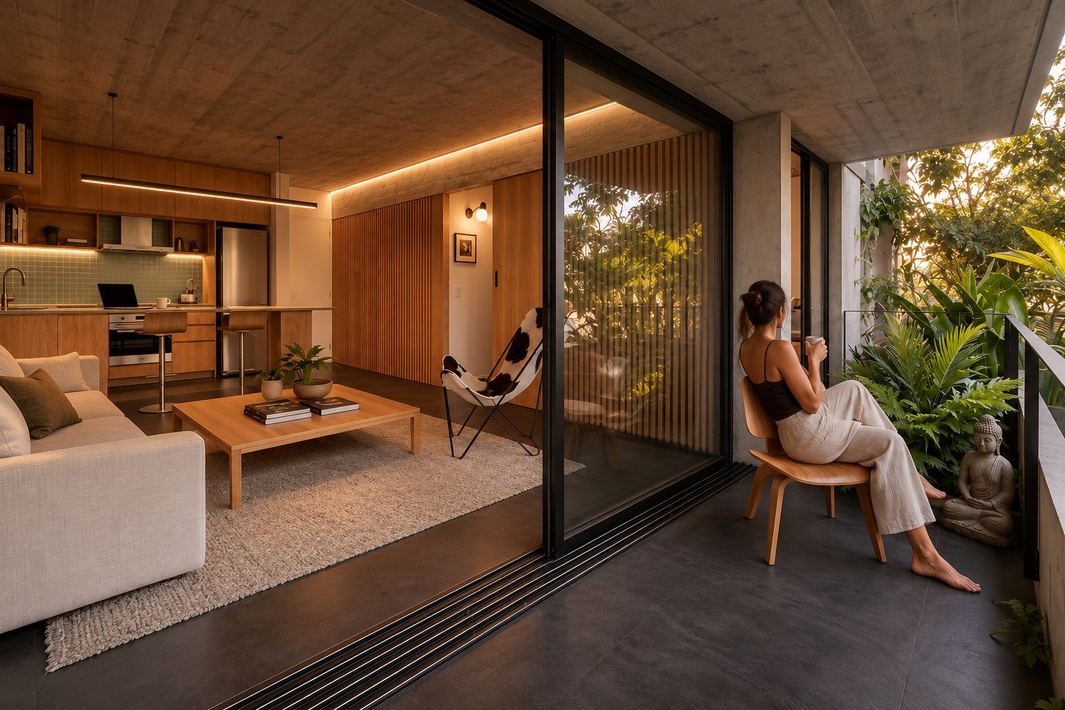 Living integrado a balcón terraza semicubierta